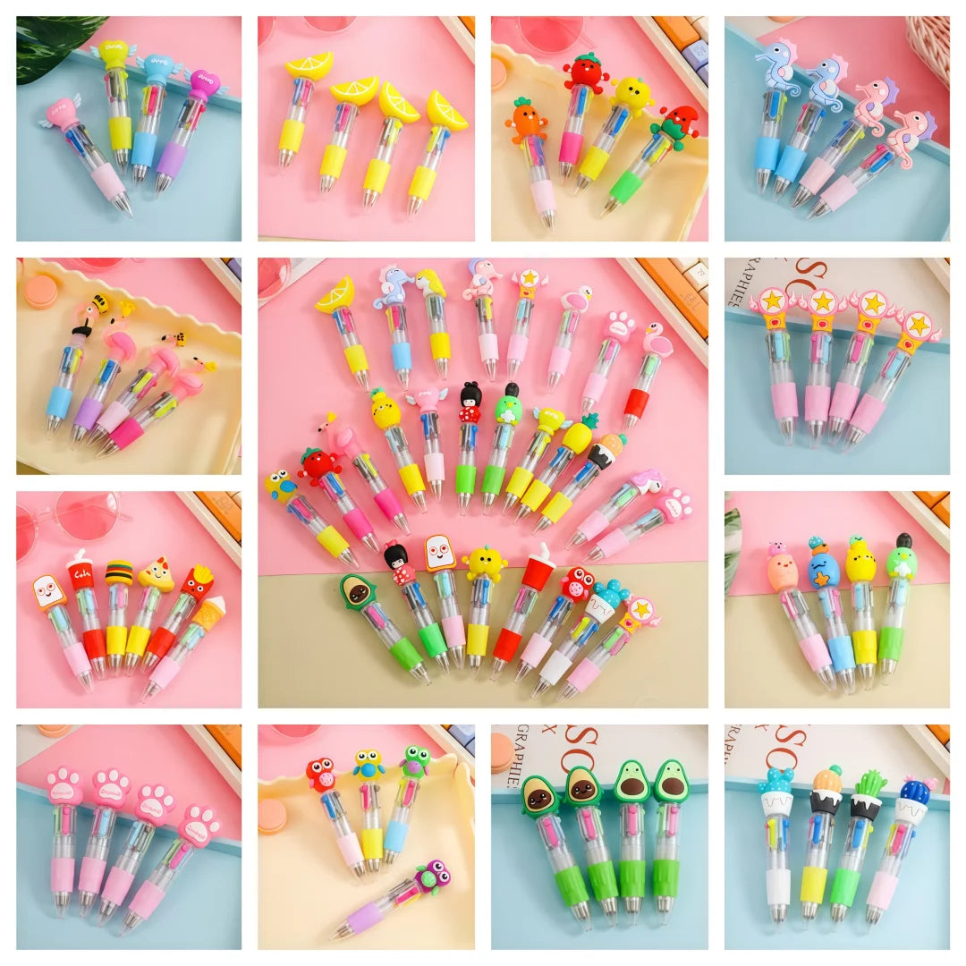 A collection of cute cartoon four-color ballpoint pens in various colors and designs arranged on a pink background.