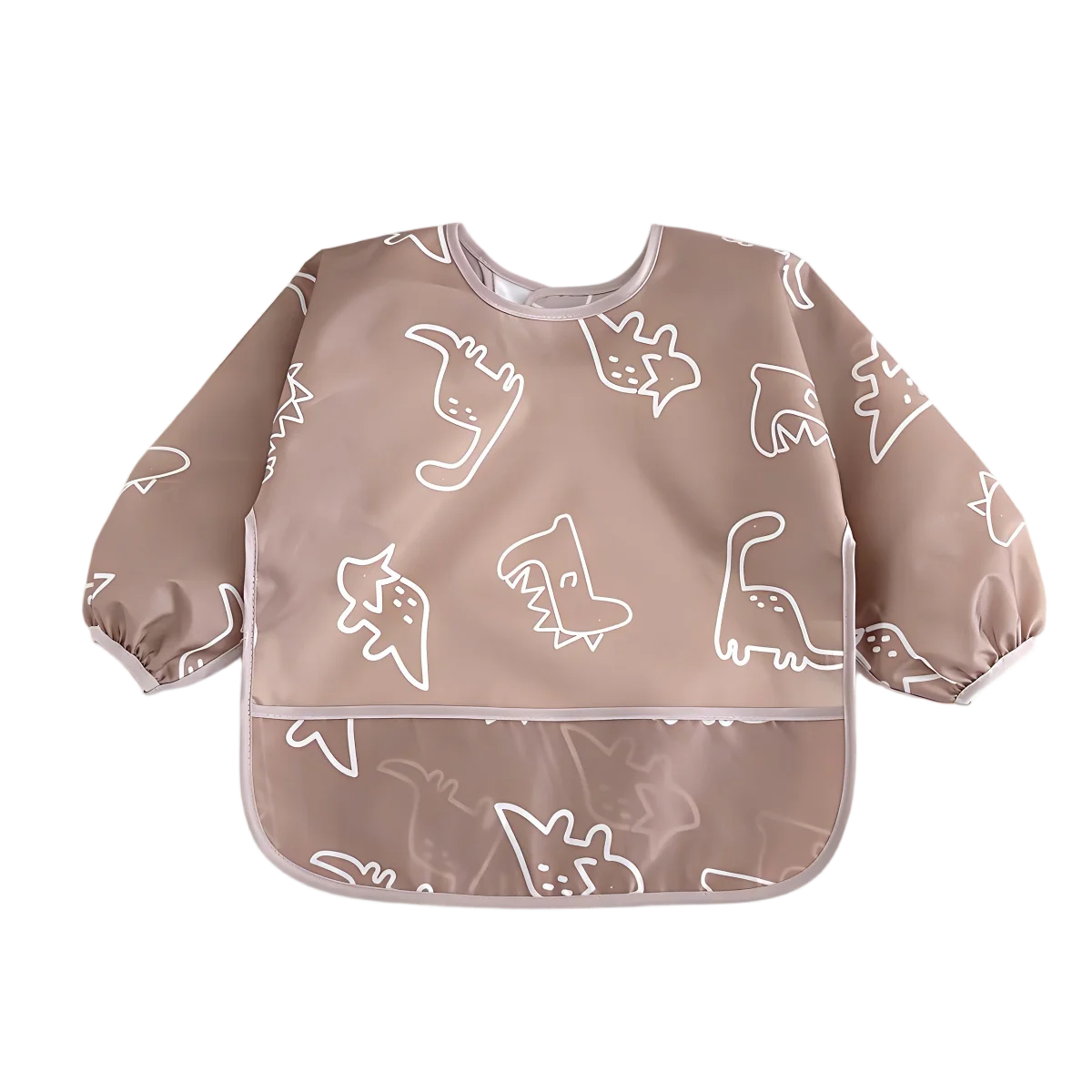 A light beige full-sleeve waterproof baby bib featuring a pattern of cute cartoon animals.