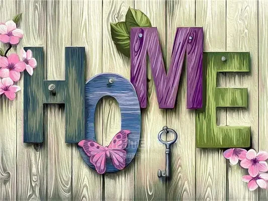 Wooden letters spelling HOME decorated with pink flowers and a key