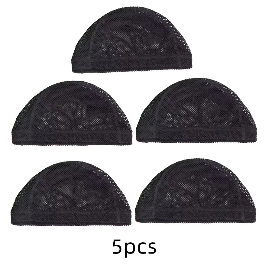 Five black stretchable mesh wig caps shown in various views
