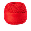 A ball of bright red 100% cotton crochet thread used for tatting and embroidery.