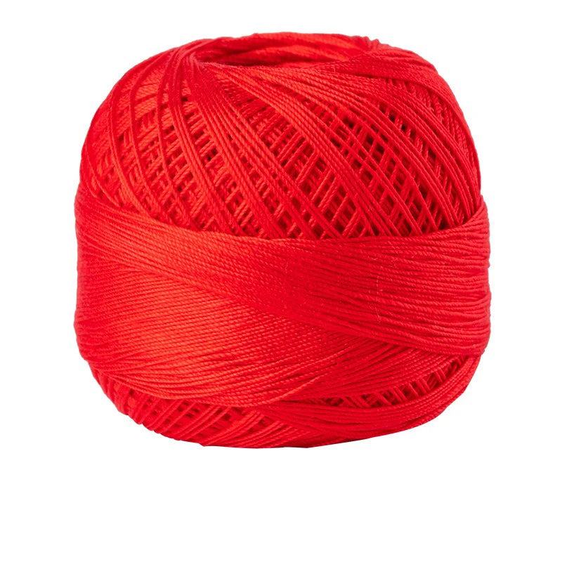 A ball of bright red 100% cotton crochet thread used for tatting and embroidery.