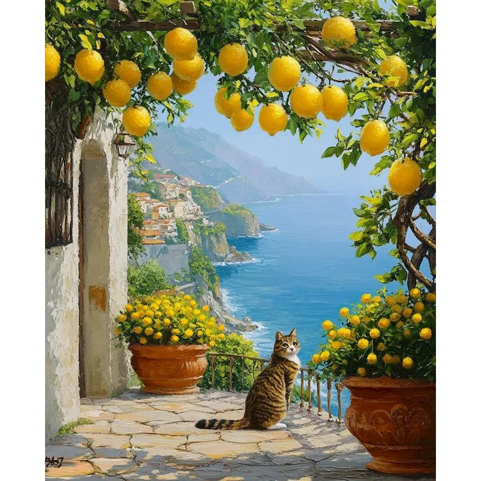 A cat sits on a stone path under an archway covered in green vines and yellow lemons overlooking a coastal landscape.