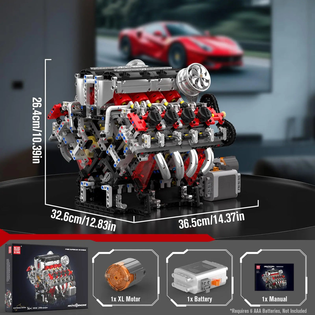 A detailed model of a V8 supercar engine building kit showing the internal components and assembly process.
