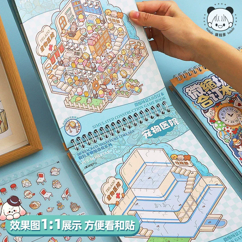 A close-up view of a 3D stacked miniature scene sticker book showing various buildings and characters for scrapbooking.