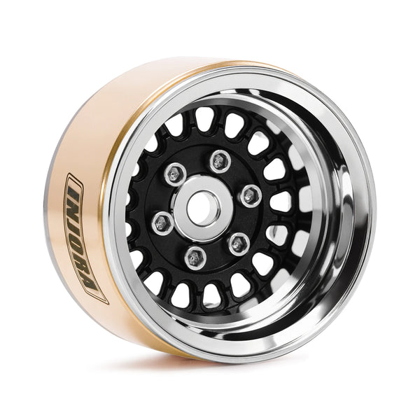 Precision brass and aluminum beadlock wheels with a polished finish for RC crawlers