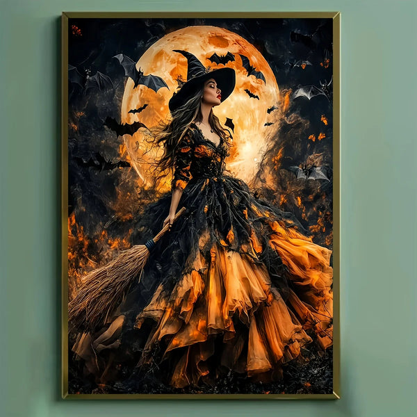 Silhouette de sorcière en robe dramatique devant une grande lune lumineuse avec des chauves-souris volant autour.