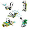 A set of STEM programming building blocks featuring various mechanical and electronic components for kids.