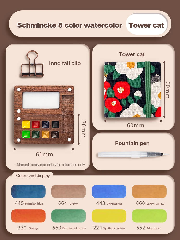 A set of eight color watercolor paints in a wooden palette and fountain pen for art and sketching