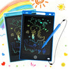 A blue writing tablet and stylus pen are shown next to a rainbow, with various colorful drawings on the screen.
