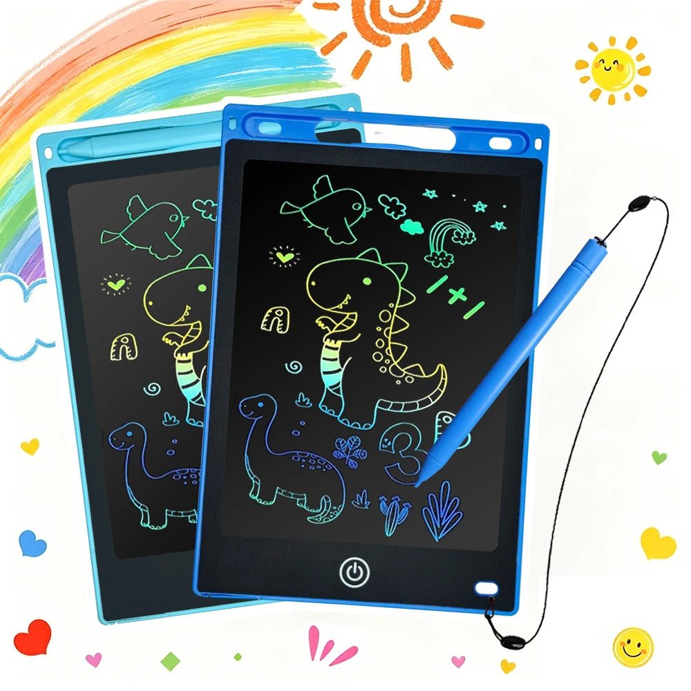 A blue writing tablet and stylus pen are shown next to a rainbow, with various colorful drawings on the screen.