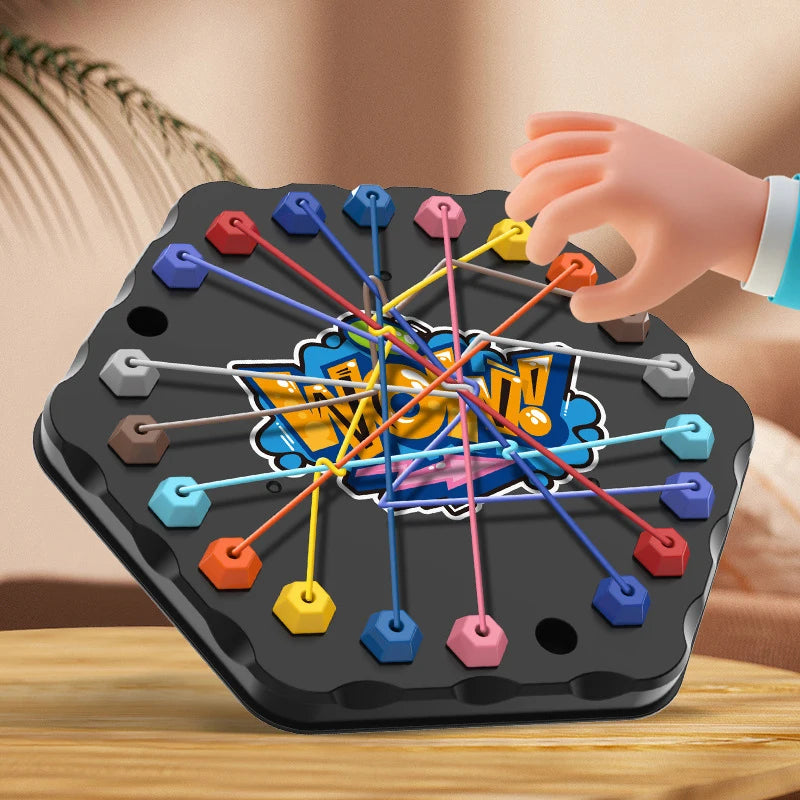 A hand is manipulating a black puzzle board with colorful rope tangle pieces, demonstrating an educational logic toy.