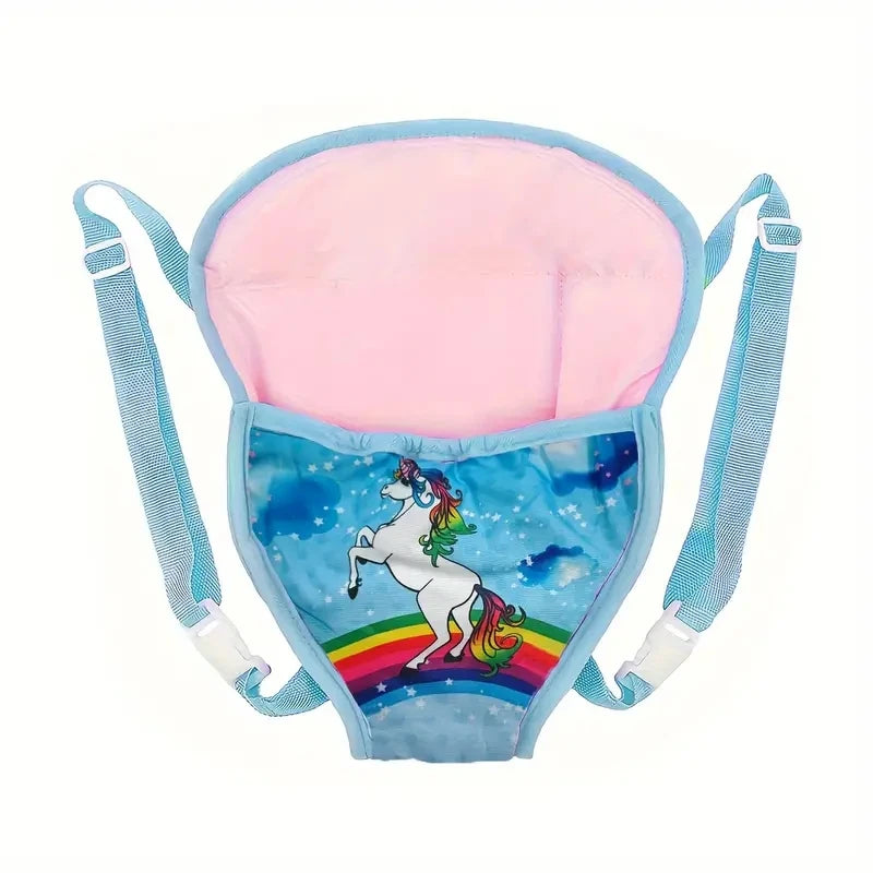 Pink and blue mini backpack for dolls featuring a colorful rainbow design