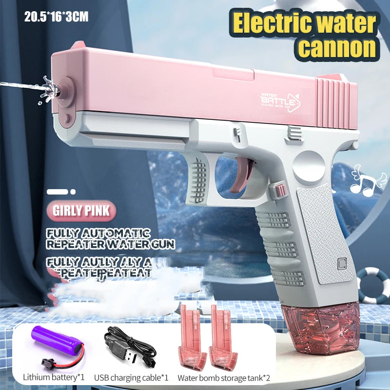 Pink electric water cannon toy gun with a drum magazine and accessories