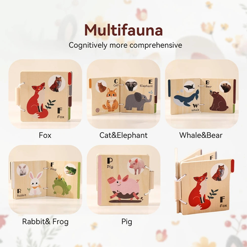 A set of five wooden animal flap books featuring Fox, Cat&Elephant, Whale&Bear, Rabbit&Frog, and Pig for toddlers.