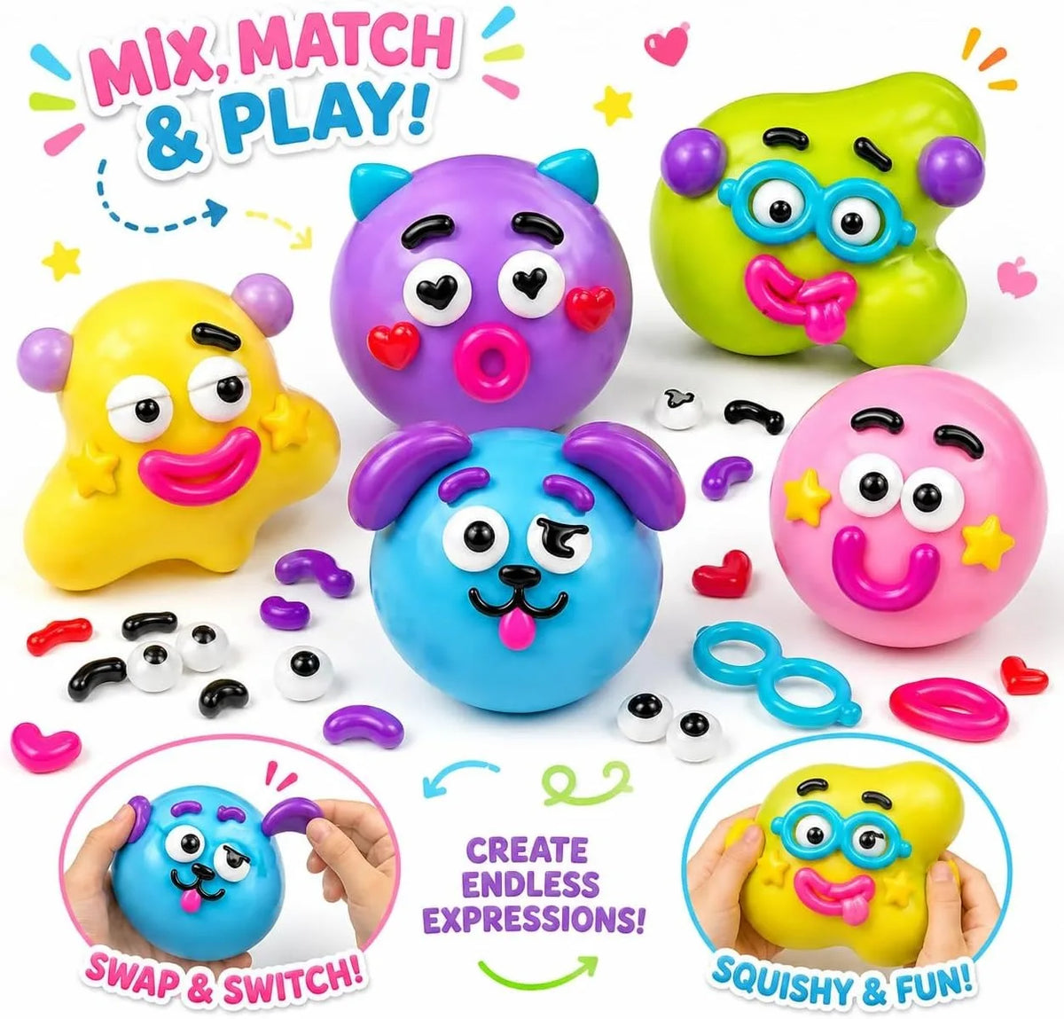 A collection of colorful moldable dog face squishy stress relief toys in various colors and shapes.