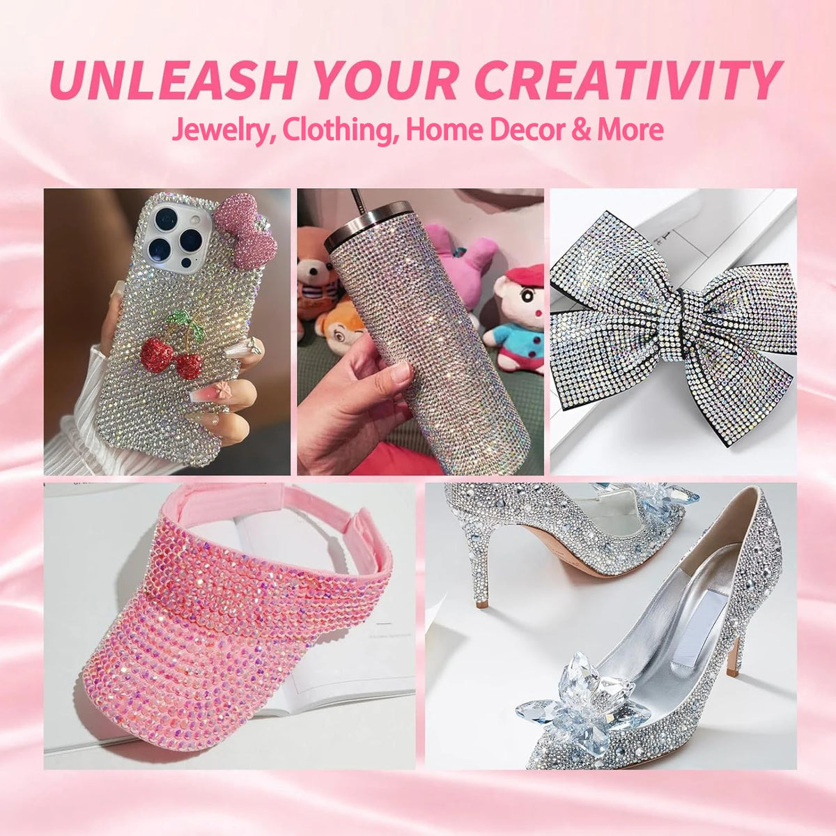 A collection of sparkly resin and rhinestone craft gems including jewelry, clothing, home decor items, and shoes.
