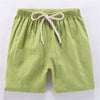 Light green kids cotton-linen summer shorts with an adjustable elastic drawstring waist