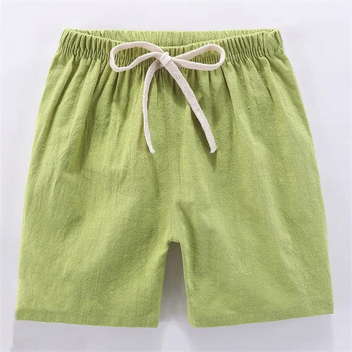 Light green kids cotton-linen summer shorts with an adjustable elastic drawstring waist