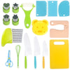 A collection of safe plastic play knives and tools in various colors including green yellow blue and natural wood.