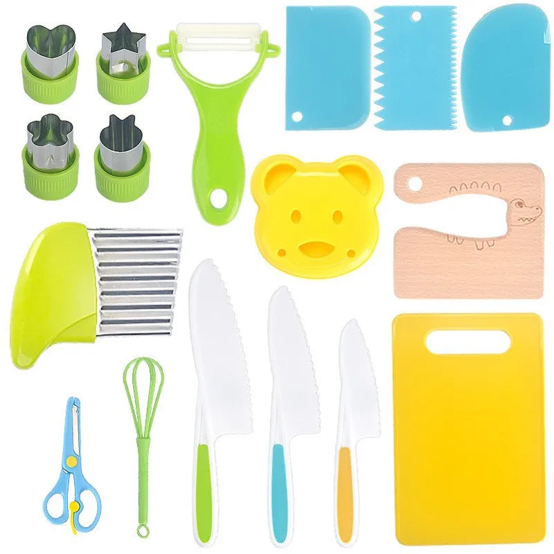 A collection of safe plastic play knives and tools in various colors including green yellow blue and natural wood.