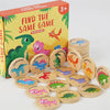 A box of dinosaurs memory matching game with wooden puzzle pieces and cards for children
