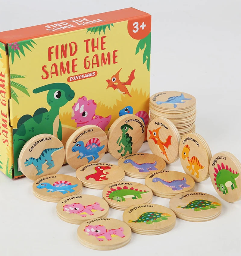 A box of dinosaurs memory matching game with wooden puzzle pieces and cards for children