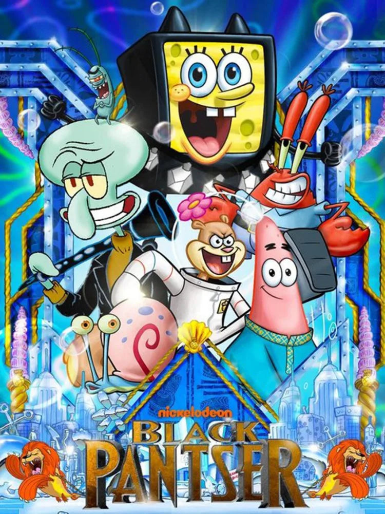 A colorful illustration featuring SpongeBob SquarePants and other characters for a Black Panther diamond painting kit.