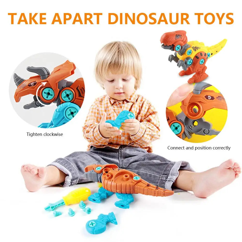 A young child is shown interacting with a take apart dinosaur toy set, demonstrating how to tighten and connect the pieces.