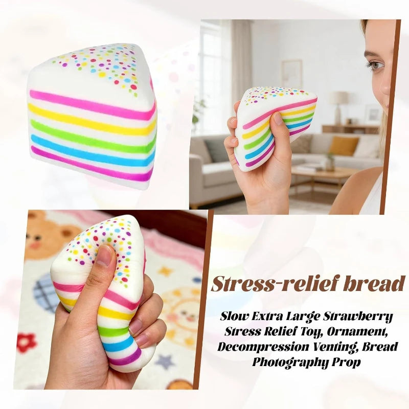 A hand holds a rainbow layer cake squishy toy used as a stress relief tool in a living room setting.