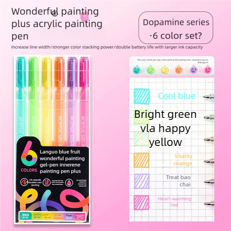 A set of six colorful acrylic gel pens in various shades including blue, green, yellow, and pink for painting and writing