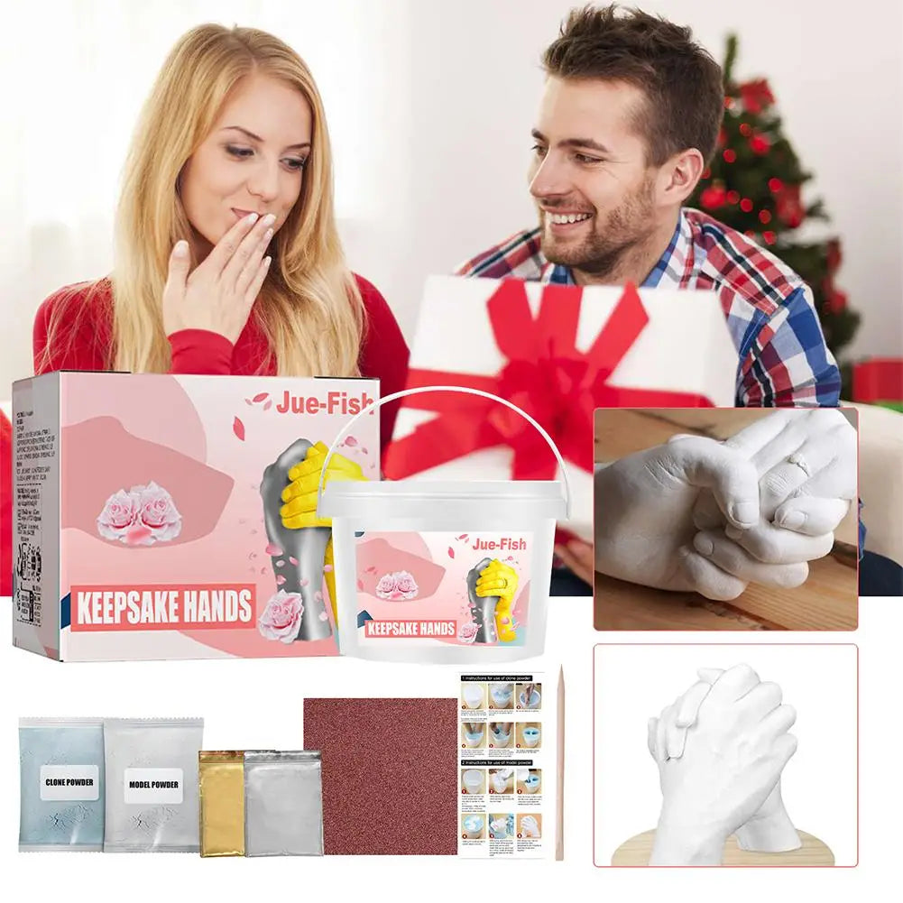 A set of 3D hand and foot print casting kits for baby and couples keepsakes, including molds and tools.