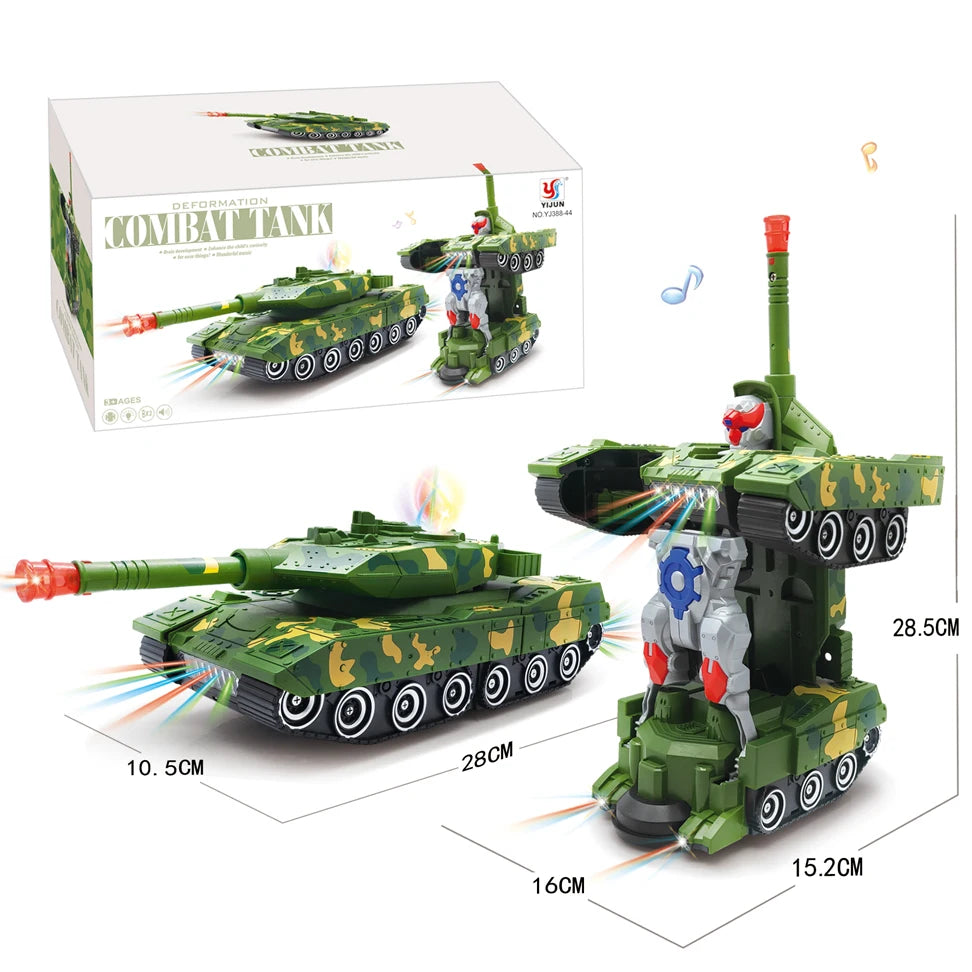 A green transforming robot car model kit shown with packaging and various scale measurements.