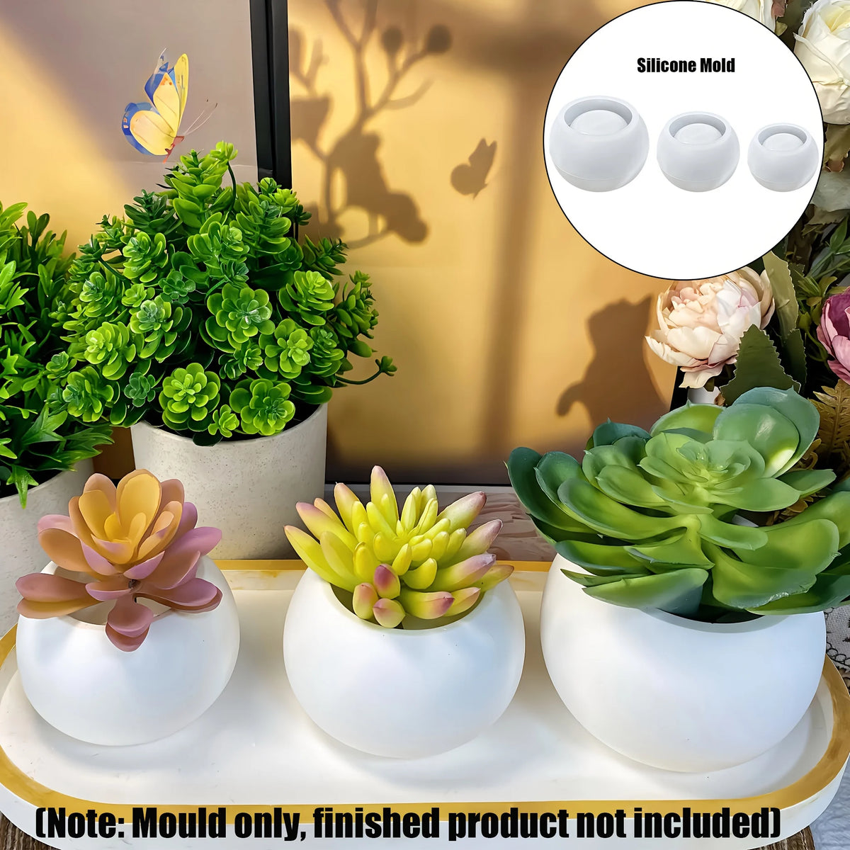 Three white silicone round molds used for DIY planters and candles displayed on a wooden tray.