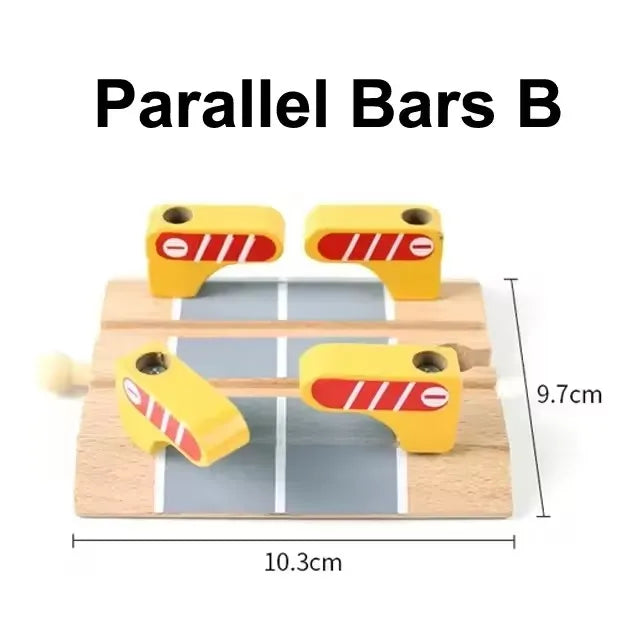 A set of yellow parallel bars used as a wooden train track accessory for creative railway play.