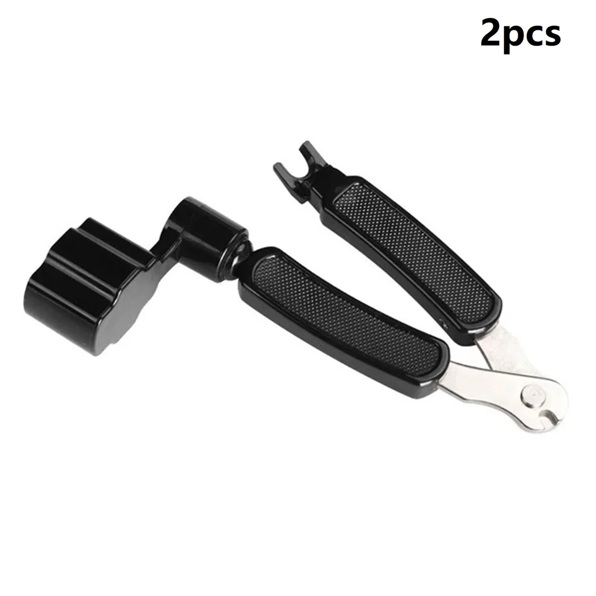 A pair of black tools used for guitar string winding, cutting, and pin pulling.