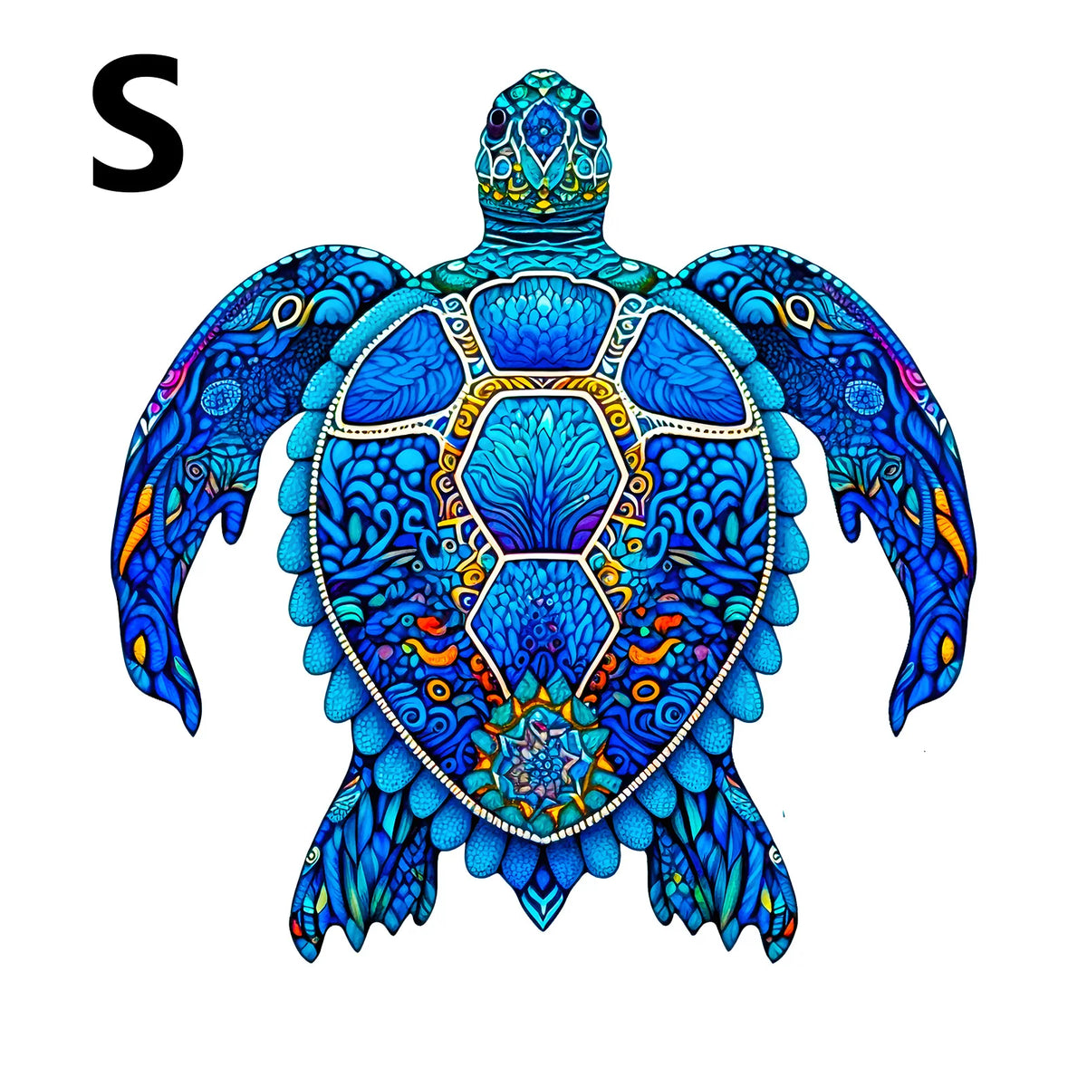 A vibrant blue wooden jigsaw puzzle shaped like an animal, featuring intricate patterns and a tree of life design.
