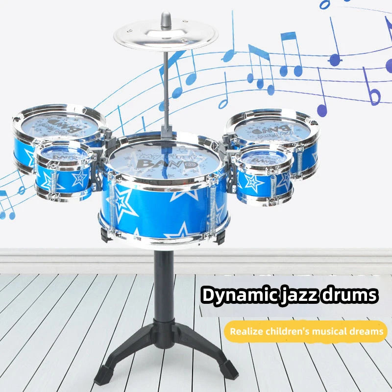 A blue plastic jazz drum set with multiple drums and cymbals displayed on a stand for children's music learning