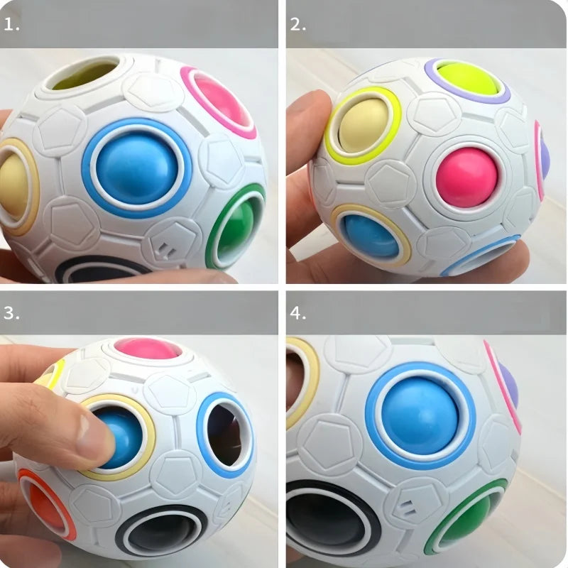 A rainbow colored stress cube fidget toy shown from multiple angles and close-ups.