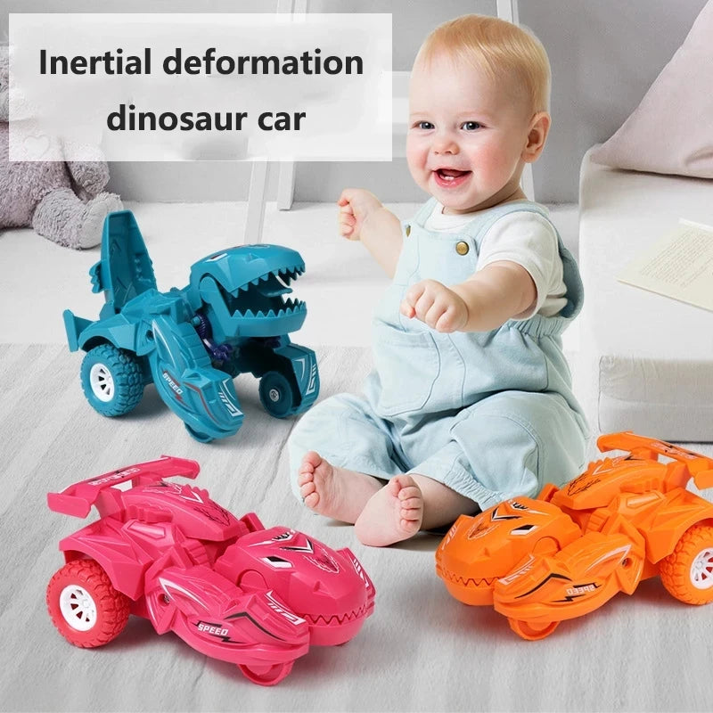 A baby is playing with an inertial deformation dinosaur car toy alongside several other transforming cars.