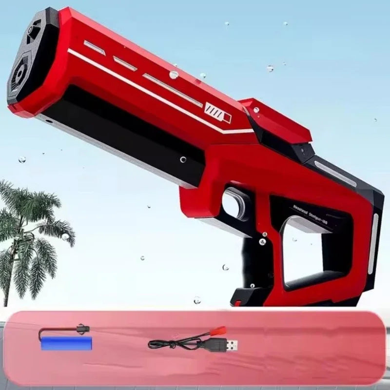 A red and black rechargeable electric water blaster is shown angled, with a battery pack visible below.