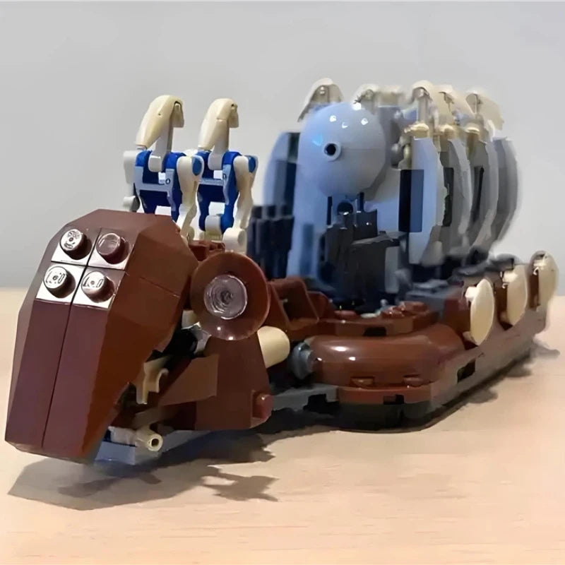 A LEGO set featuring a robot platoon and transport warship model built from dark brown, blue, and gray bricks.