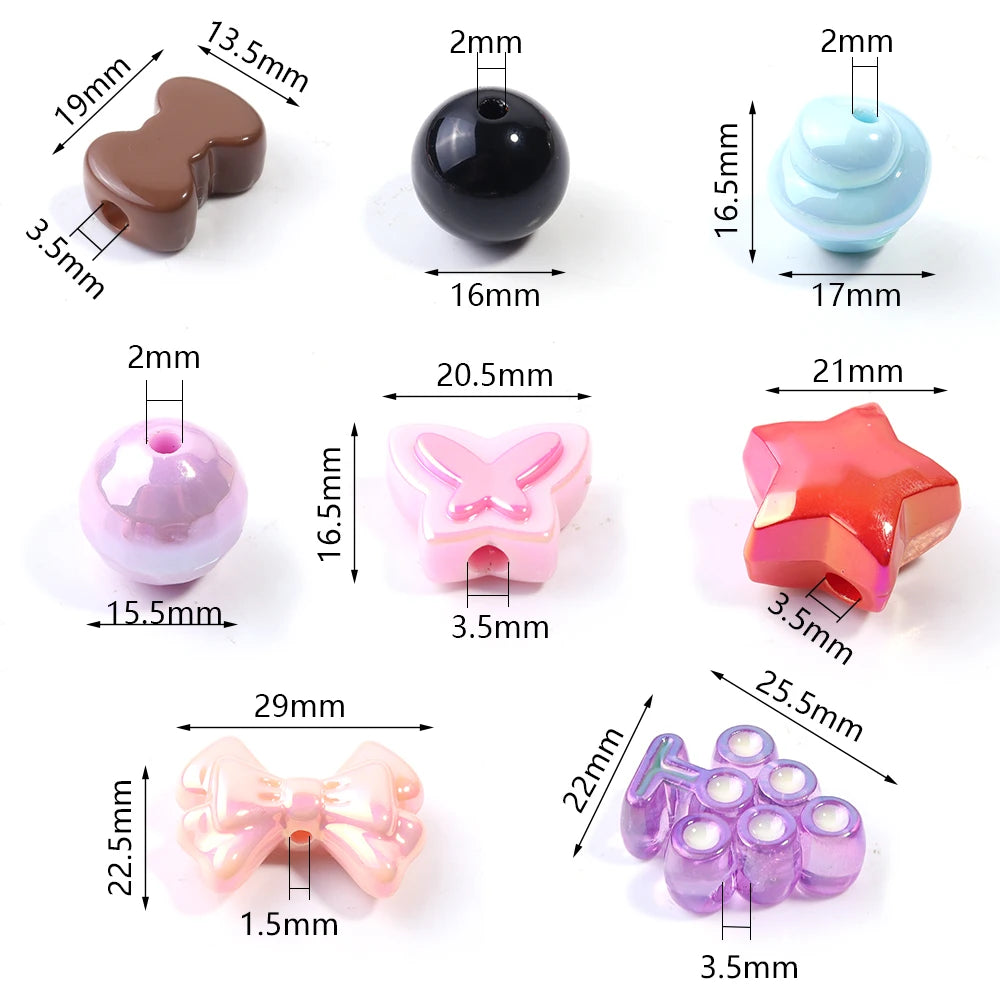A collection of colorful acrylic bow beads in various shapes and sizes, including a round bead, a star shape, and a butterfly