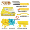 Cardboard construction kit including a safety cutting knife, folding line hob, screwdriver, and various screws and corner cod