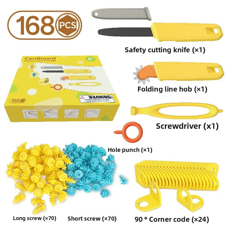 Cardboard construction kit including a safety cutting knife, folding line hob, screwdriver, and various screws and corner cod