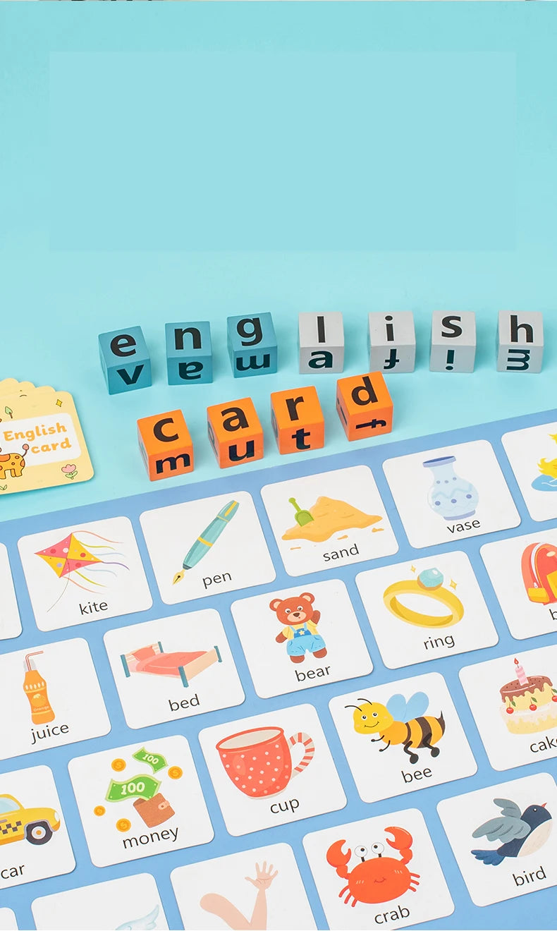 A set of wooden cards featuring English words like save, cage, and bird for a Montessori spelling game.