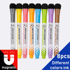 A set of eight magnetic dry-erase whiteboard markers in various colors including black, yellow, pink, blue, green, purple, an
