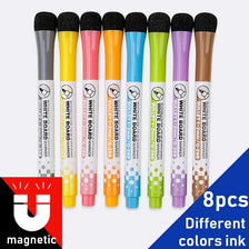 A set of eight magnetic dry-erase whiteboard markers in various colors including black, yellow, pink, blue, green, purple, an