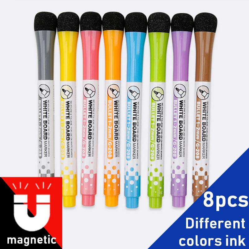 A set of eight magnetic dry-erase whiteboard markers in various colors including black, yellow, pink, blue, green, purple, an