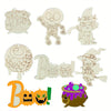 A collection of unfinished wooden Halloween hanging ornaments including a pumpkin, a monster, a witch, and a spooky face.